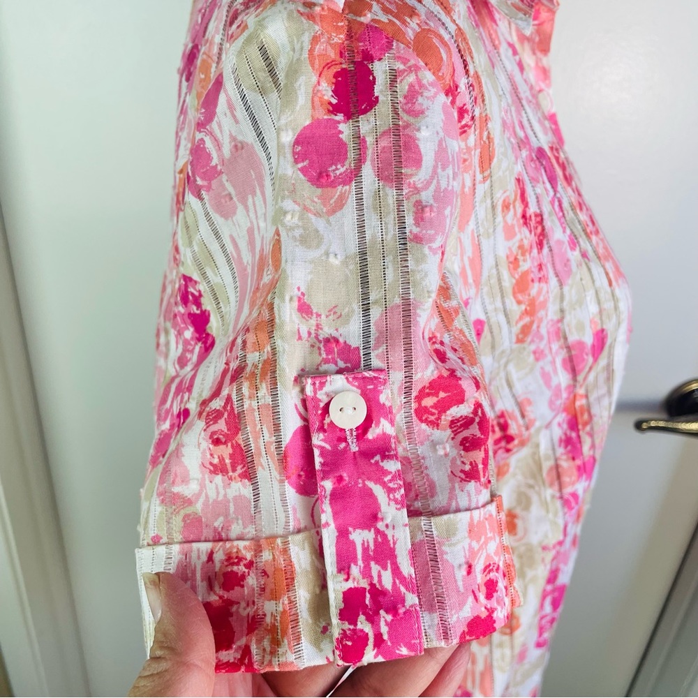 JM Collection Pink Multicolor Blouse Woman Top Shirt Hawaiian Button Up Size 10 - Picture 9 of 9